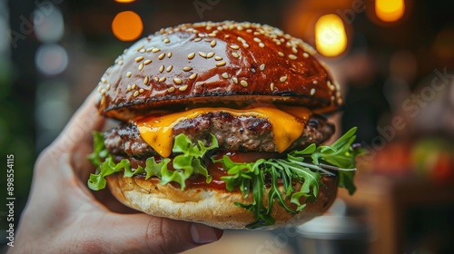 Hand Holding Cheeseburger With Ketchup