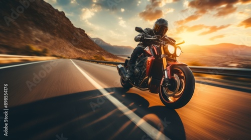 A rider enjoys a thrilling journey on a motorcycle, racing down a highway as the sun sets behind majestic mountains