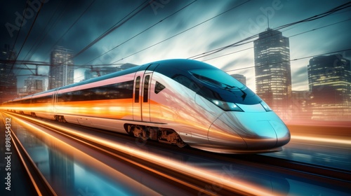 A sleek high-speed train glides along tracks, illuminated against a vibrant urban skyline as twilight deepens the city's colors