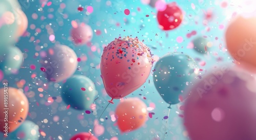 Colorful Balloons Floating Against a Blue Sky With Confetti