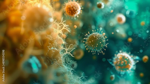 A close-up view of a microscopic world, featuring viruses and bacteria in various shapes and sizes. The image showcases the complexity and beauty of the unseen realm, highlighting the delicate balance © Naruekaphon
