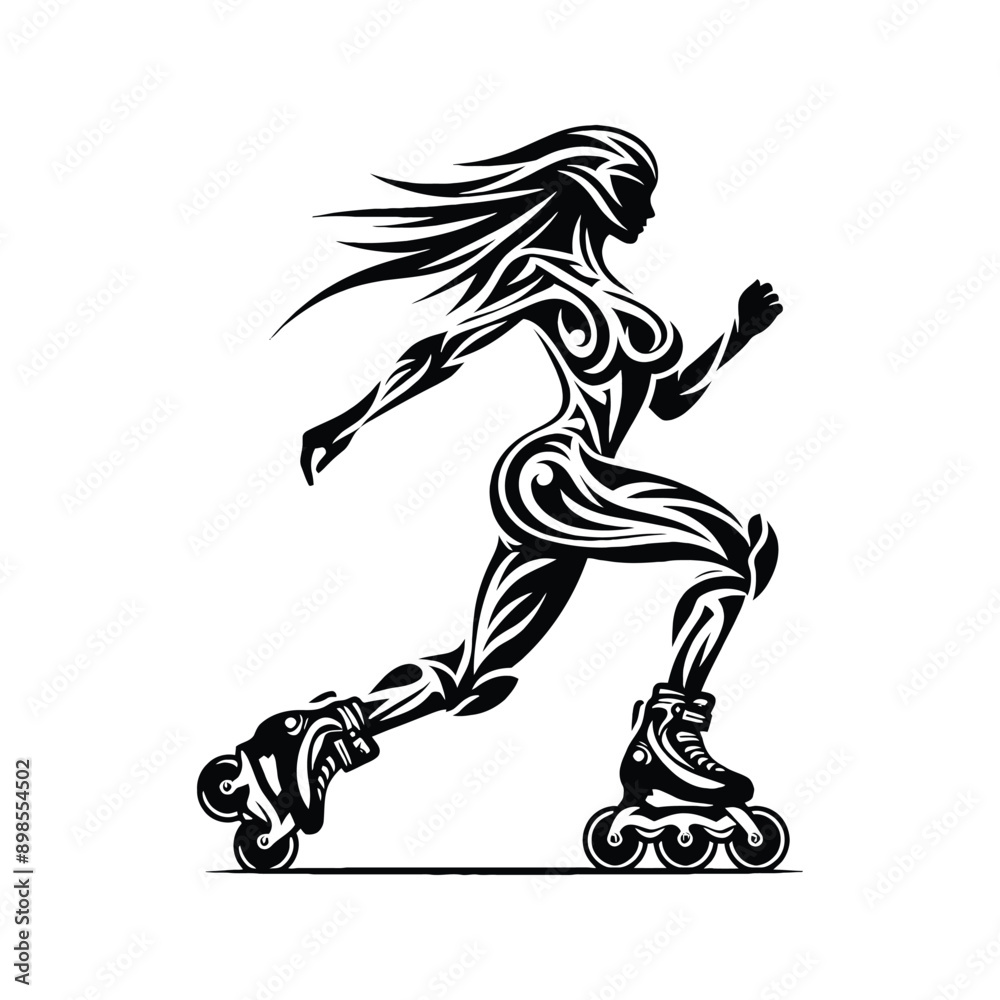 Fototapeta premium Inline Skating female player in ethnic tribal pattern illustration, emblem shield badge
