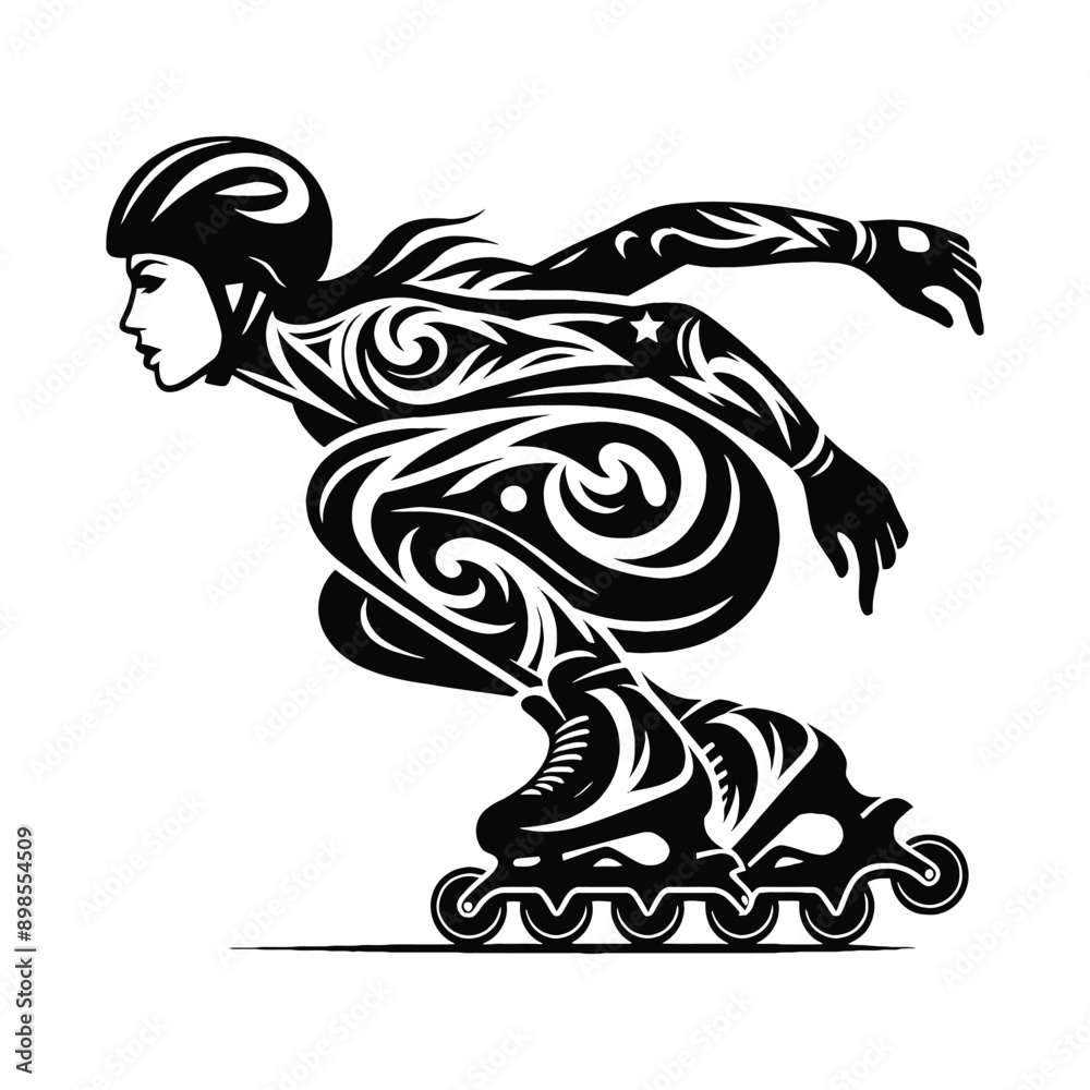 Obraz premium Inline Skating female player in ethnic tribal pattern illustration, emblem shield badge