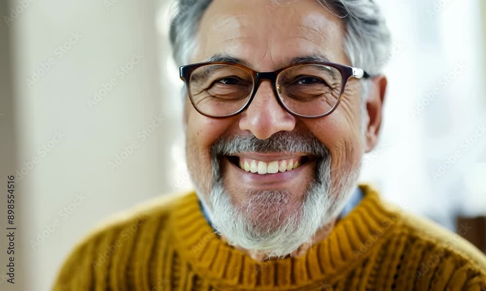 Senior man with gray hair and beard smiling happily in yellow sweater, glasses, and eyeglasses