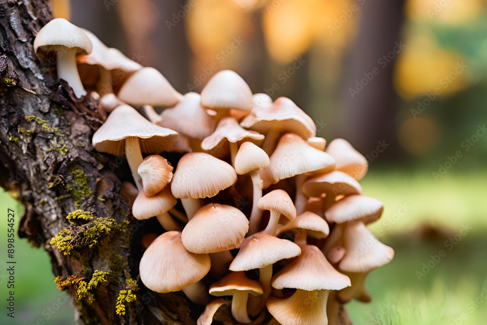 Close up beautiful bunch mushrooms color light in the tree background texture. Macro Photography View. Close up beautiful bunch mushrooms color light in the tree background texture. Macro Photography View.