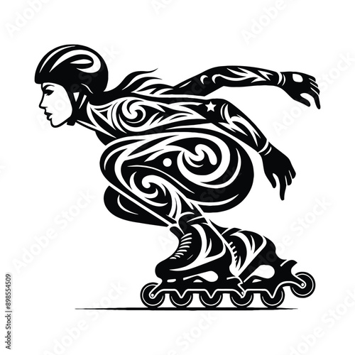 Inline Skating  female player in ethnic tribal pattern illustration, emblem shield badge