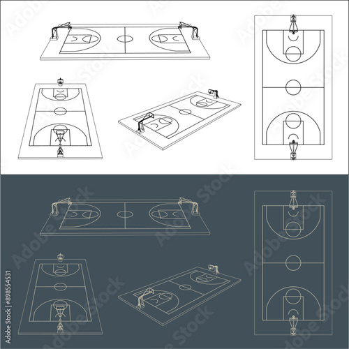 set of basketball court technical image Blueprint line art for Architect 