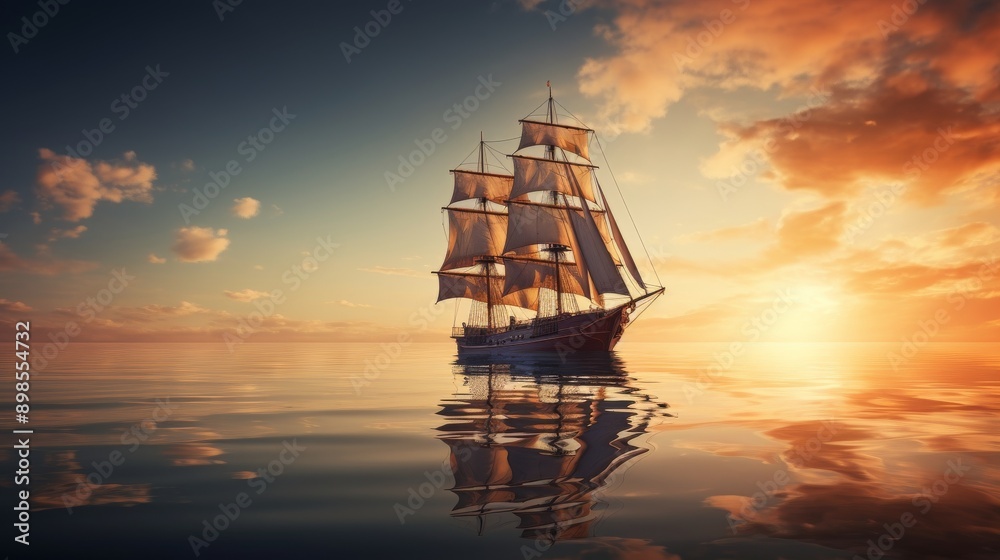 A serene ship glides through calm waters as vibrant hues of sunset paint the sky, creating a mesmerizing reflection on the surface A serene ship glides through calm waters as vibrant hues of sunset paint the sky, creating a mesmerizing reflection on the surface