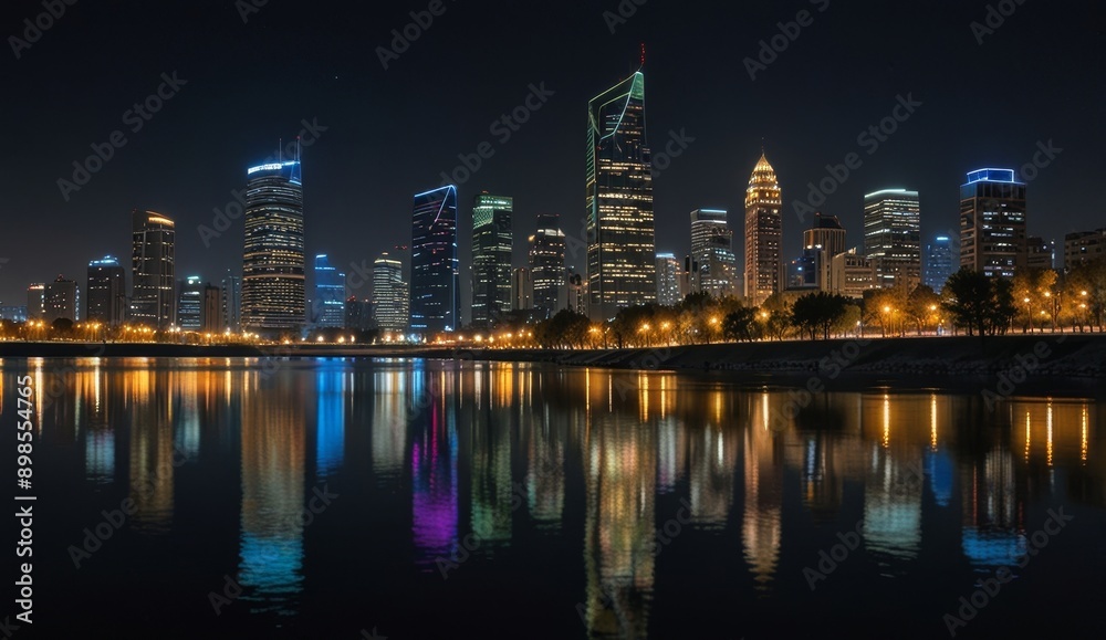 Vibrant Night City Skyline Reflection Vibrant Night City Skyline Reflection