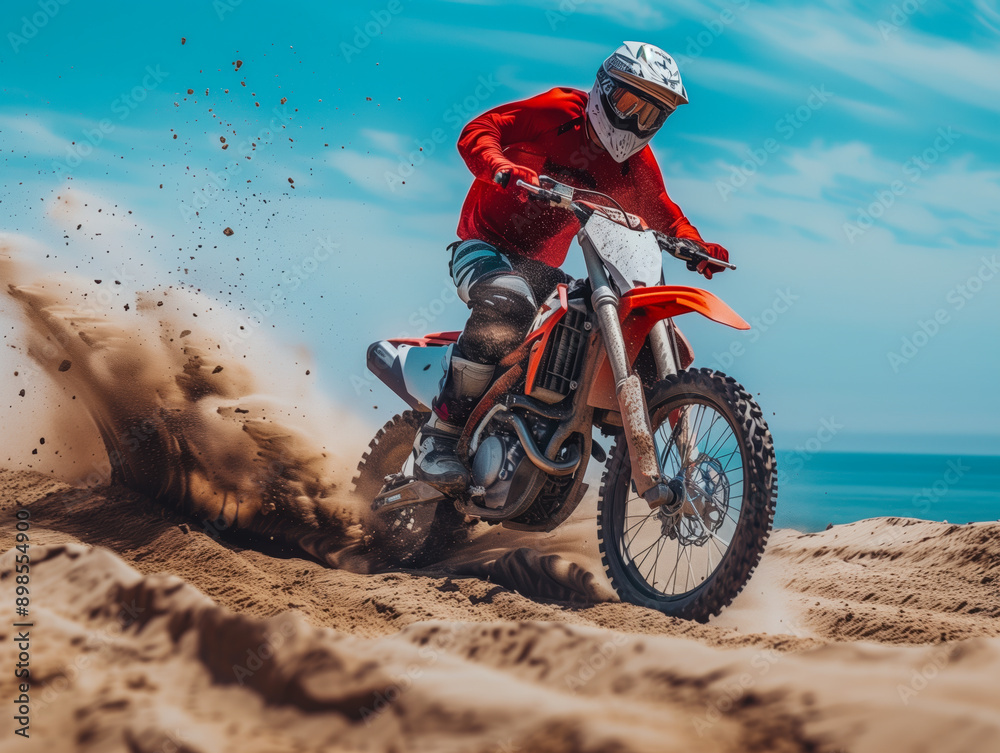 Man riding dirt bike on sand against sky