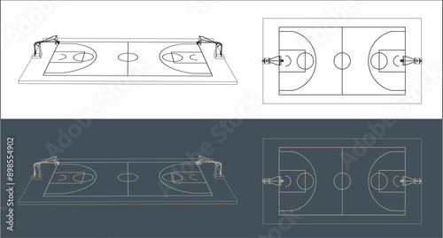 set of basketball court technical image Blueprint  for Architect 