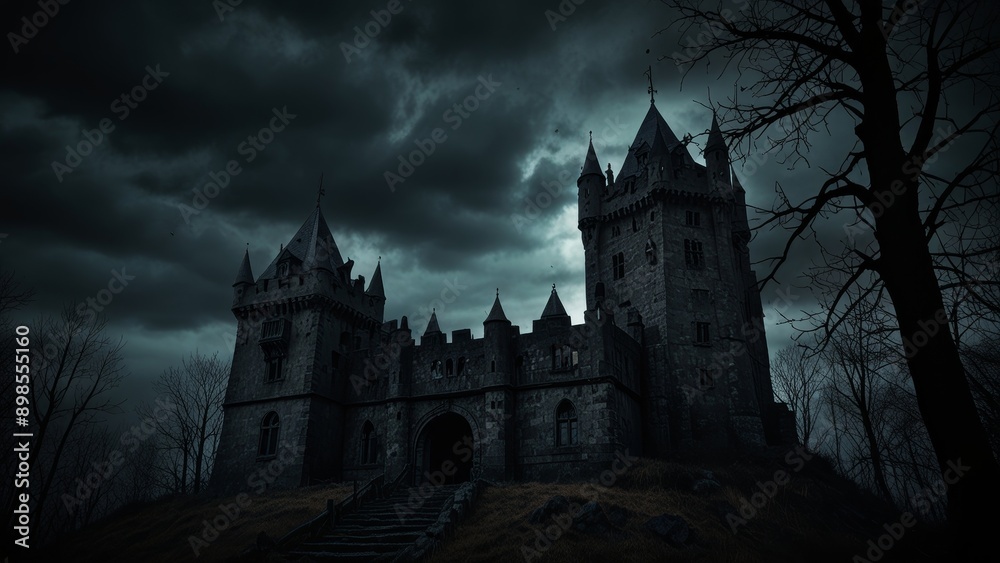 Ominous Dark Castle Under Stormy Sky Ominous Dark Castle Under Stormy Sky