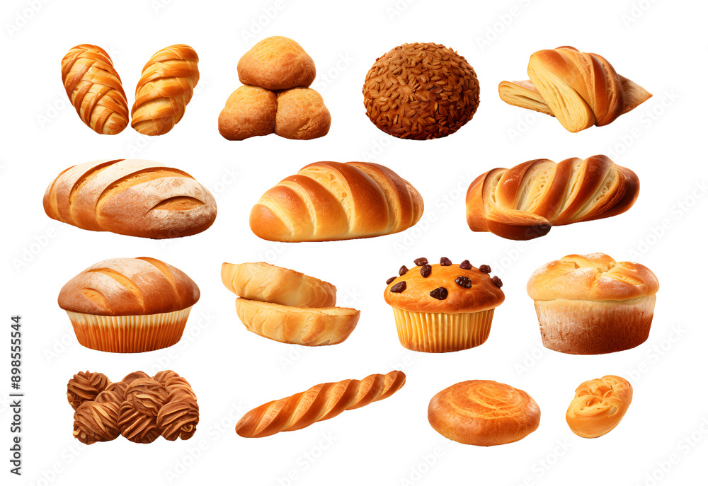 Set of various sweet breads Slices and bakery or pastries, isolated cartoon vector set of bakery products translucent background Set of various sweet breads Slices and bakery or pastries, isolated cartoon vector set of bakery products translucent background