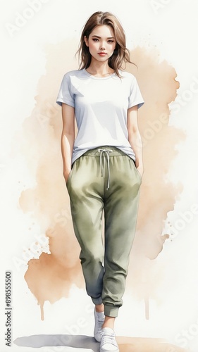 watercolor illustration of a woman wearing basic tshir background photo