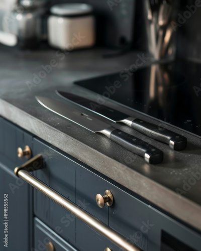 Kitchen knives on a black countertop in a modern kitchen.