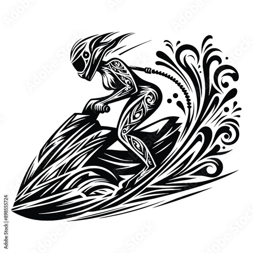 Jet Skiing  female player in ethnic tribal pattern illustration, emblem shield badge