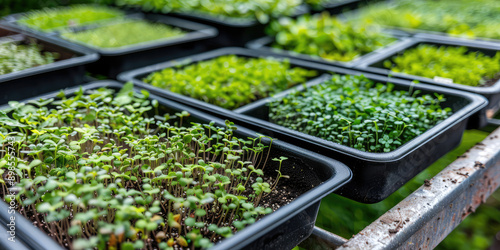 Closeup microgreen farm with trays filled with various different types of microgreens. 