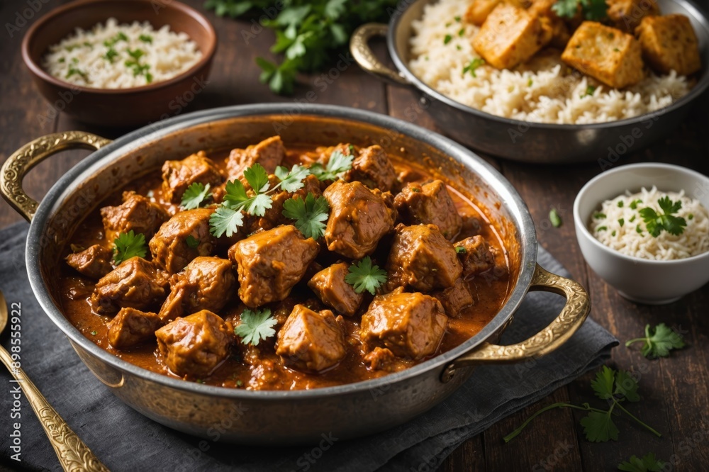indian chicken vindaloo curry in balti dish with lens flare indian chicken vindaloo curry in balti dish with lens flare