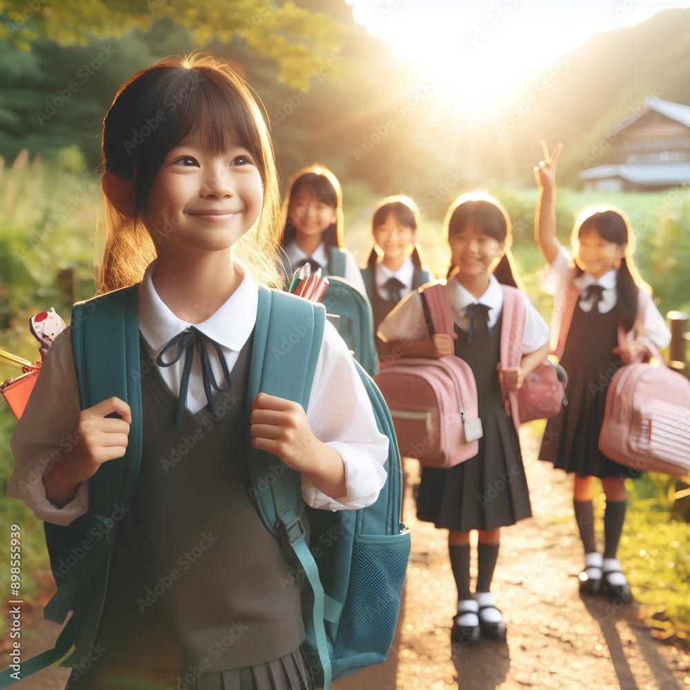 Elementary school students carrying backpacks and going to the countryside. Elementary school students carrying backpacks and going to the countryside.