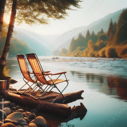 Empty tourist chairs on the banks of the river. Chair for river camping. photo