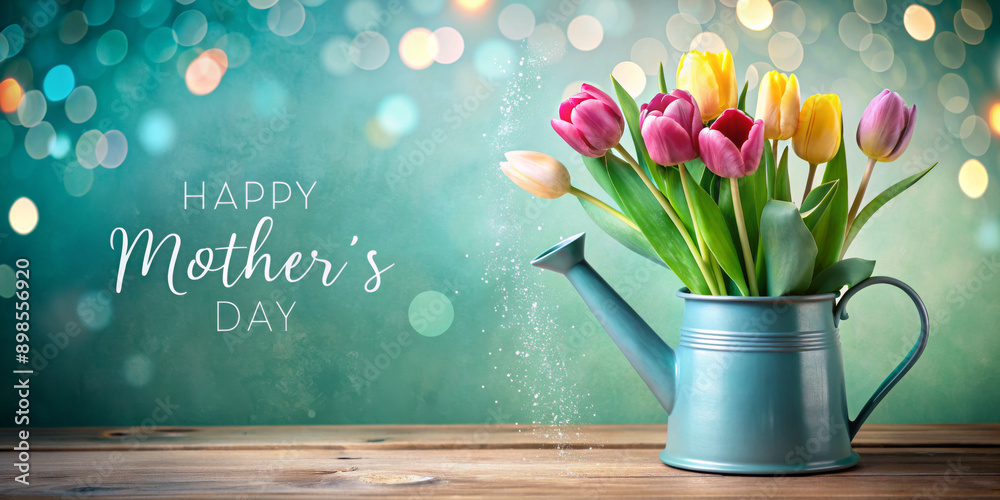 A blue watering can filled with colorful tulips sits on a wooden surface under soft, dreamy lighting. The background features a bokeh effect and text reading A blue watering can filled with colorful tulips sits on a wooden surface under soft, dreamy lighting. The background features a bokeh effect and text reading