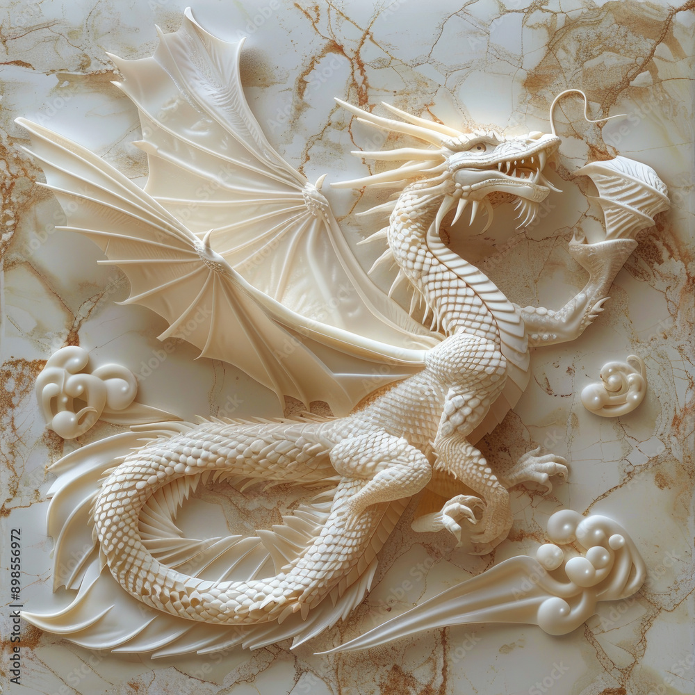 3D bas-relief of a fairy-tale dragon close-up in vanilla beige tones. Resource, template for creativity, creative interior decor, exterior facade decor, fantasy character, printing on fabric, posters,