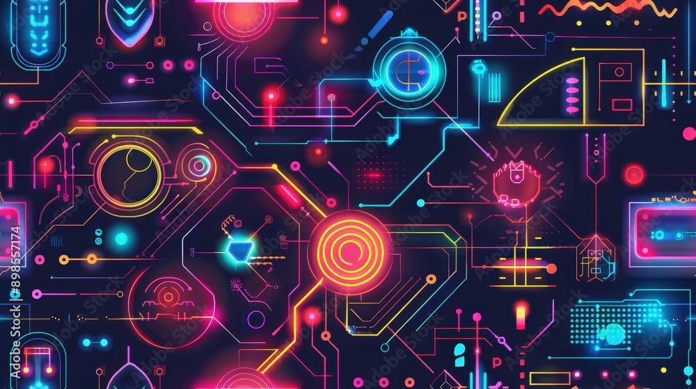 A digital pattern featuring neon lights and geometric shapes, creating a futuristic, cyberpunk aesthetic A digital pattern featuring neon lights and geometric shapes, creating a futuristic, cyberpunk aesthetic