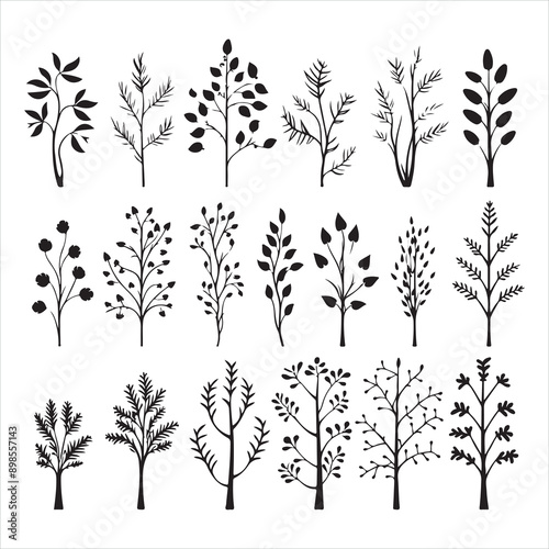 Black silhouette set of hand drawn tree branches with leaves botanical flowers floral hand drawn scandinavian style art silhouette on a white background 