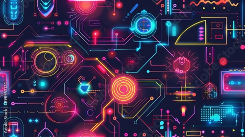 A digital pattern featuring neon lights and geometric shapes, creating a futuristic, cyberpunk aesthetic