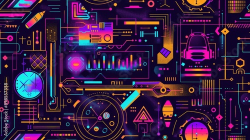 A seamless pattern with glowing neon lines, geometric shapes, and futuristic elements, all on a dark background