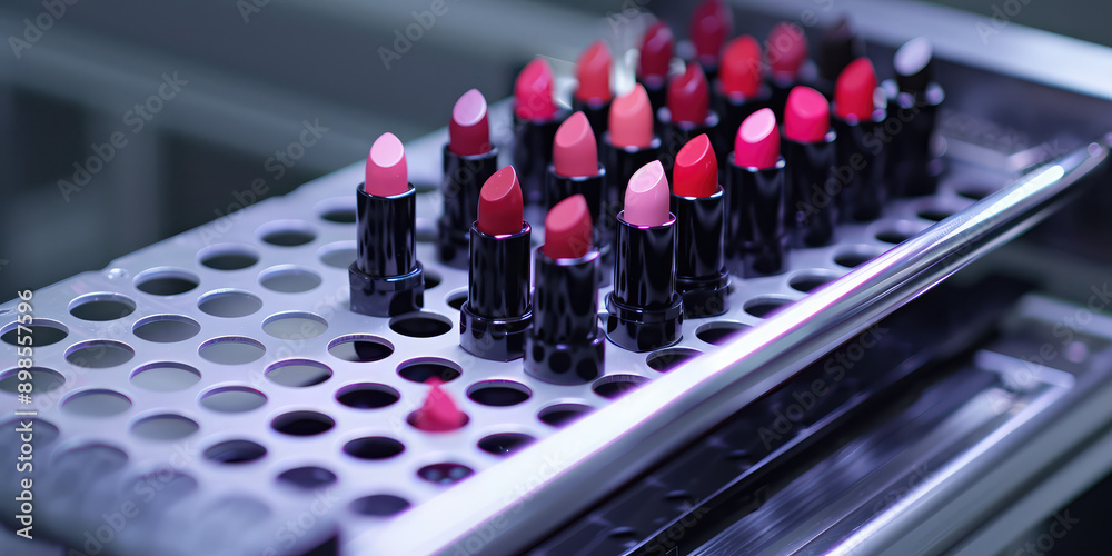 Production of lipstick. Close-up of a conveyor belt with lipsticks. Production of lipstick. Close-up of a conveyor belt with lipsticks.