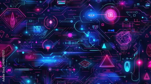 A digital artwork featuring a futuristic pattern with neon lights and geometric shapes in shades of blue and pink