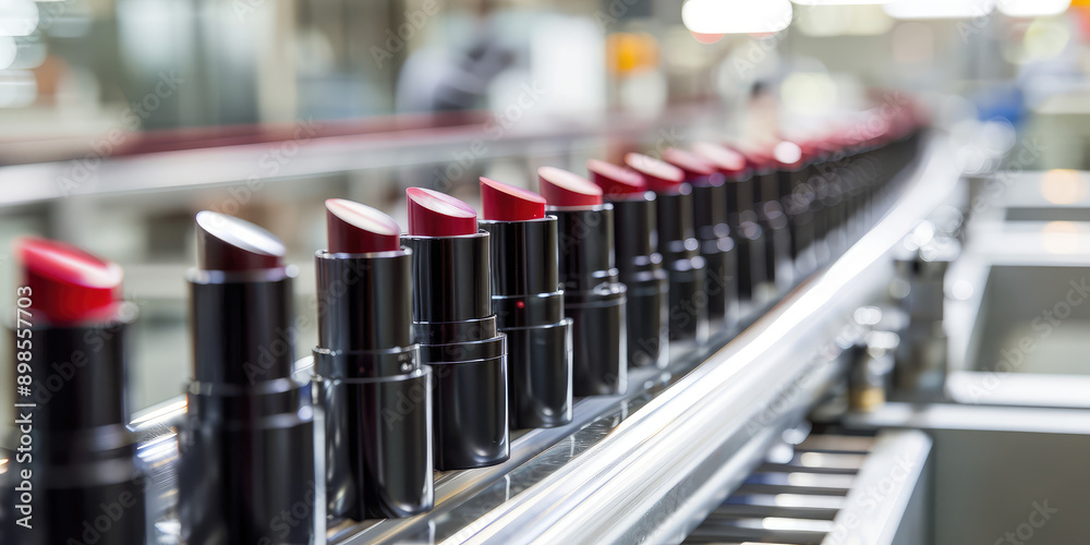 Production of lipstick. Close-up of a conveyor belt with lipsticks. Production of lipstick. Close-up of a conveyor belt with lipsticks.