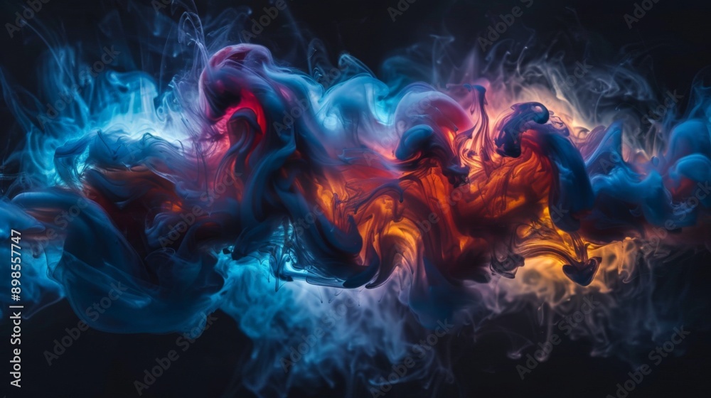 Fototapeta premium Colorful red blue and orange ink mixing together on black background