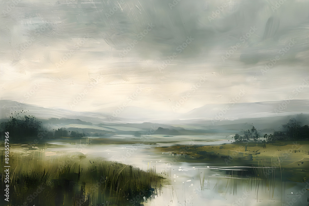 Obraz premium Tranquil misty landscape, serene river meandering through lush valleys, overcast atmosphere accentuated by subdued light, soft greens, grays, hints of blue, ideal for wellness, nature photography,...