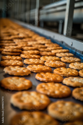 Production of salty snacks. Close-up of a conveyor belt with crispy crackers.