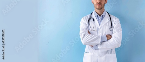 Portrait of a male doctor standing with his arms crossed on a light blue background, with a banner design Space for text copy Generative AI