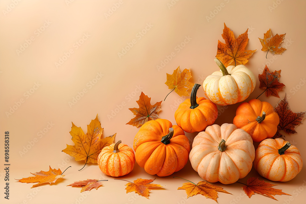 Dynamic cluster of pumpkins in various sizes and textures, warm autumnal colors, vibrant leaves, inviting and cozy mood, ideal for seasonal marketing, decoration, educational use,...