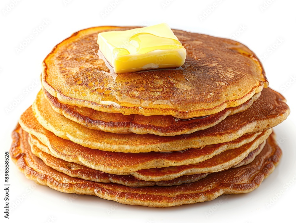 Delicious Stack of Pancakes with Melted Butter on White Background Delicious Stack of Pancakes with Melted Butter on White Background