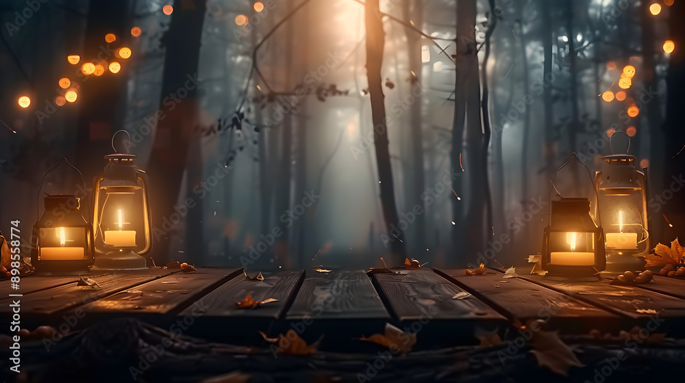 Wooden table surrounded by glowing lanterns, dim foggy forest ambiance, warm candlelight, enchanting atmosphere, copy space available, ideal for marketing, autumn themes,...