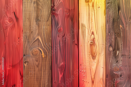 Close-up of colorful wooden planks showcasing varied grain patterns and warm hues, creating a visually striking and vibrant texture