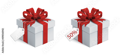 3d realistic vector icon illustration. Set of white gift boxes with red silky ribbon bows and white coupon sale sign.