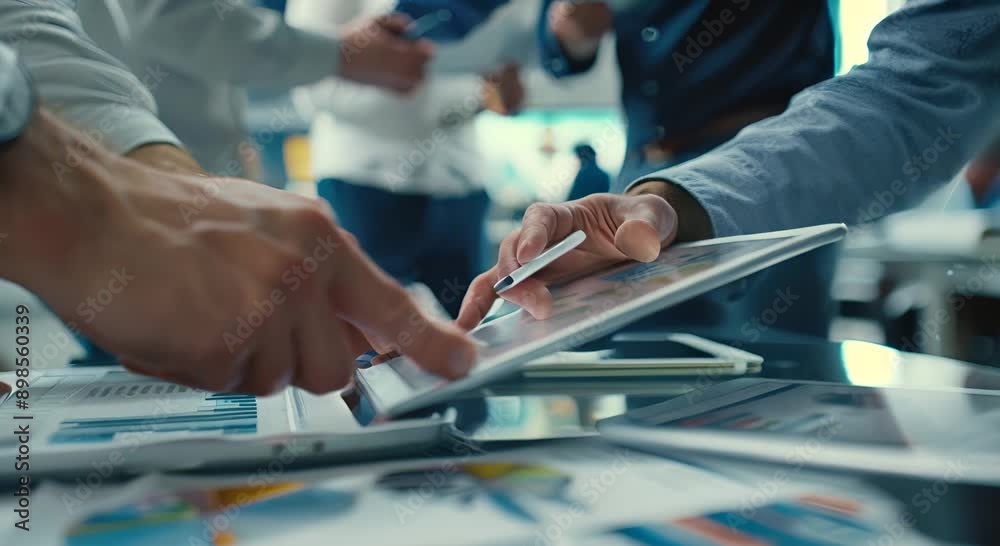 A group of people are working on a tablet, with one person pointing at a graph. Scene is collaborative and focused