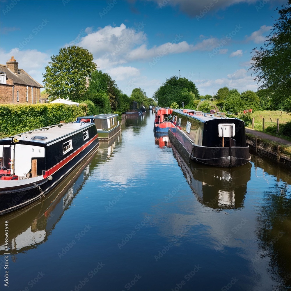 Naklejka premium canal with houseboats, AI generated