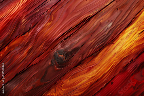 Close-up of a vibrant, abstract wooden texture with rich, warm tones of red, orange, and brown creating a flowing, organic pattern