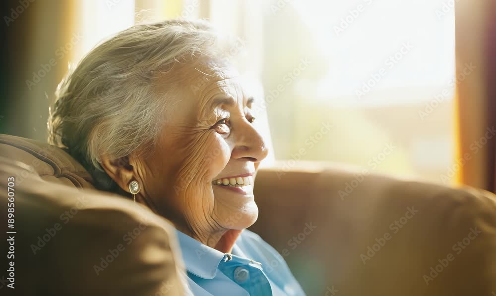 Joyful elderly person relaxing in indoor setting, smiling and looking at camera Joyful elderly person relaxing in indoor setting, smiling and looking at camera