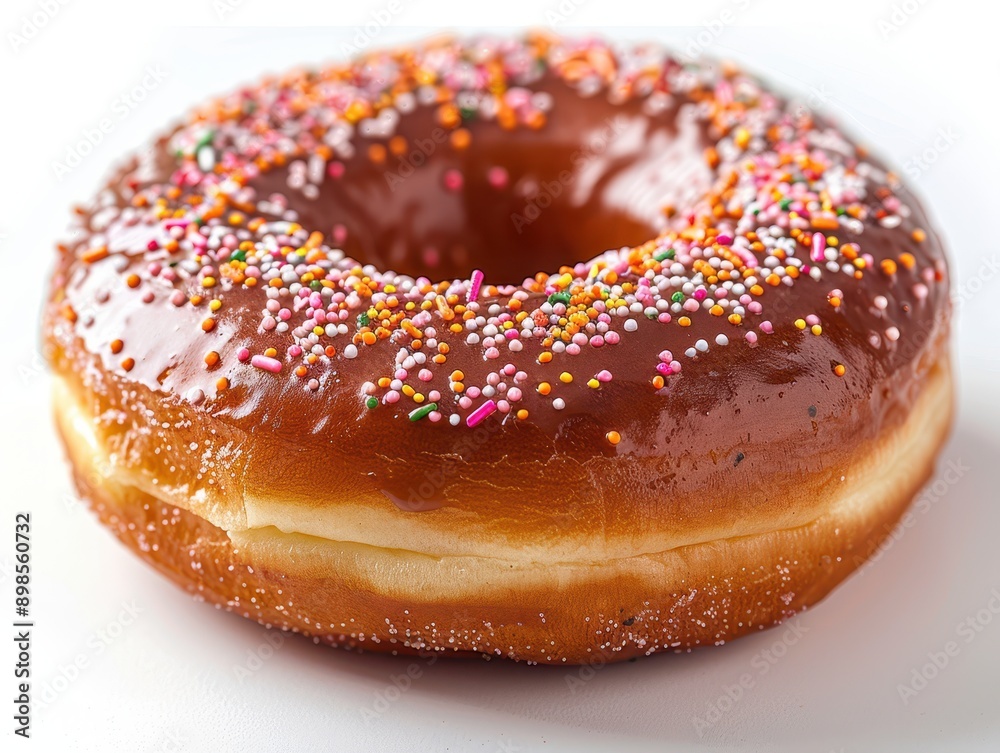 Delicious Single Doughnut with Colorful Sprinkles on White Background Delicious Single Doughnut with Colorful Sprinkles on White Background