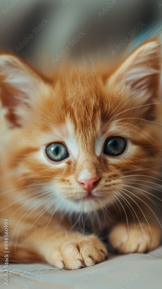 Cute orange kitten with white paws, resting and gazing at camera Cute orange kitten with white paws, resting and gazing at camera