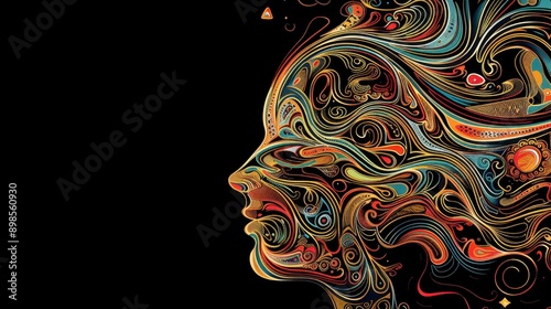 Burst of Creativity: Abstract Human Head Silhouette with Colorful Swirling Patterns Infusing Imagination and Creativity