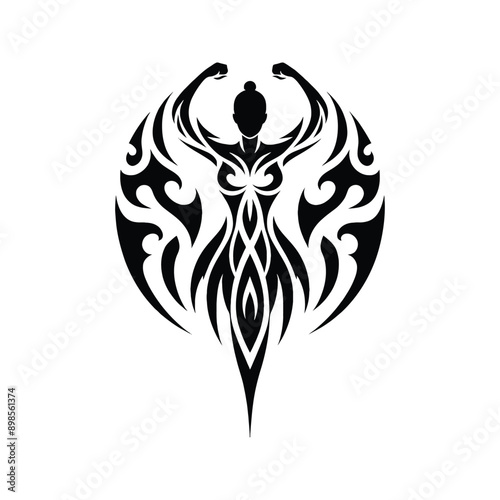 kungfu, Tai Chi  female player in ethnic tribal pattern illustration, emblem shield badge